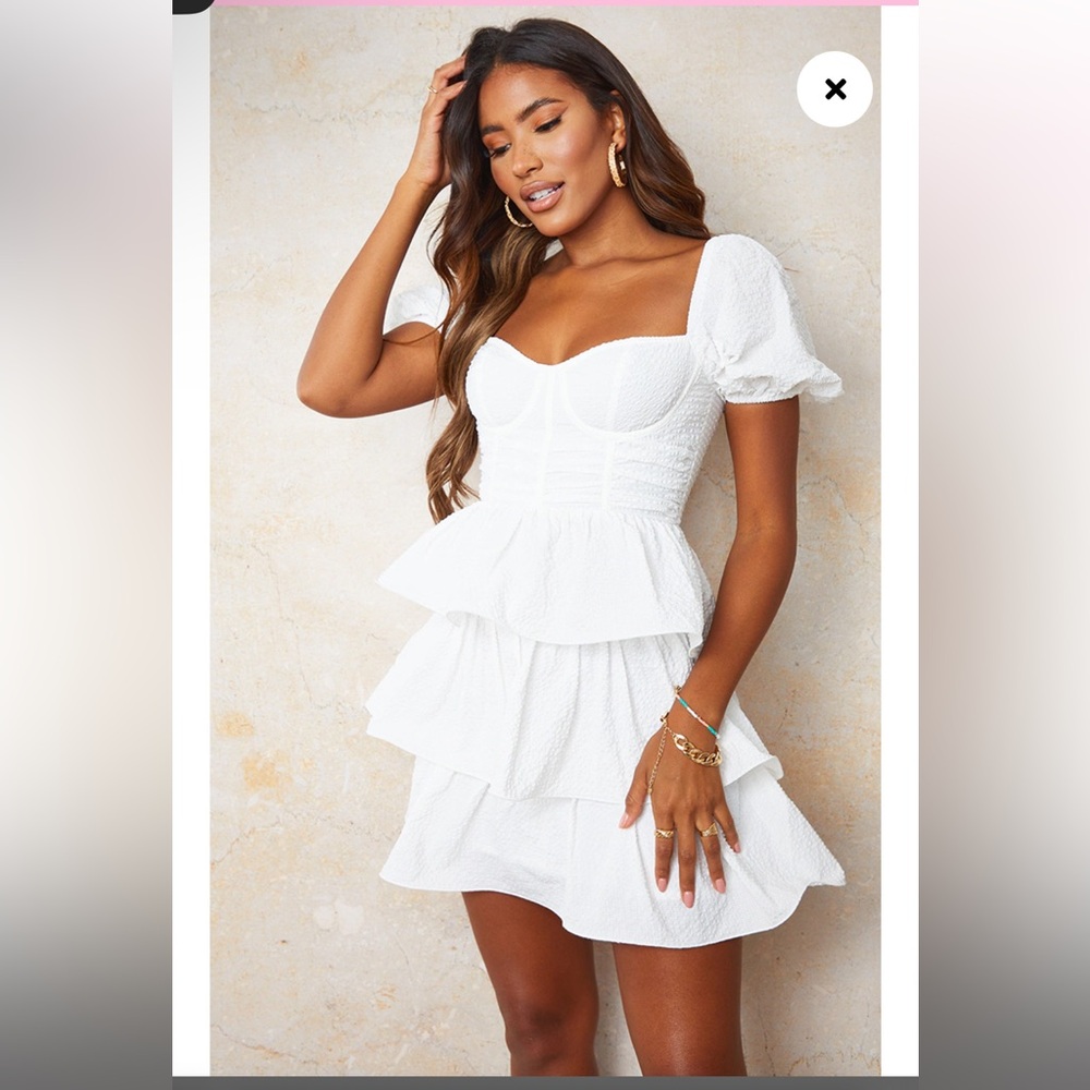 Pretty Little Thing White Crinkle Cup Detail Tiered Skirt Skater Dress, size S